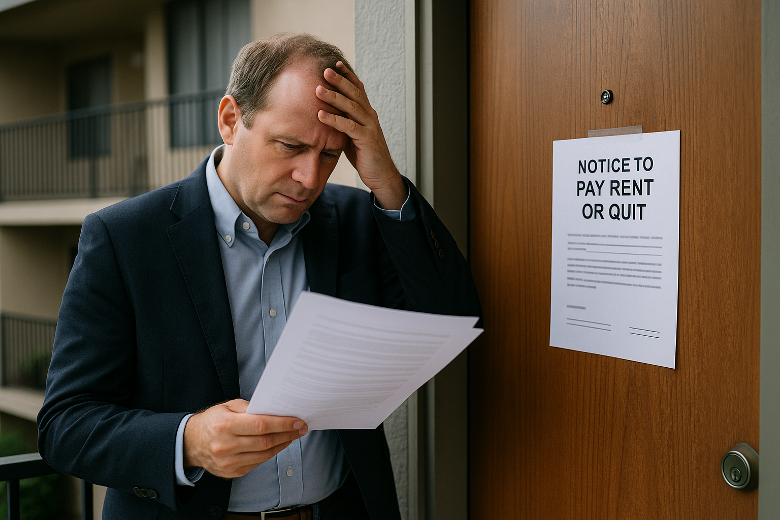 A frustrated landlord standing outside a rental unit, holding paperwork, with a Notice to Pay Rent or Quit taped to the door.